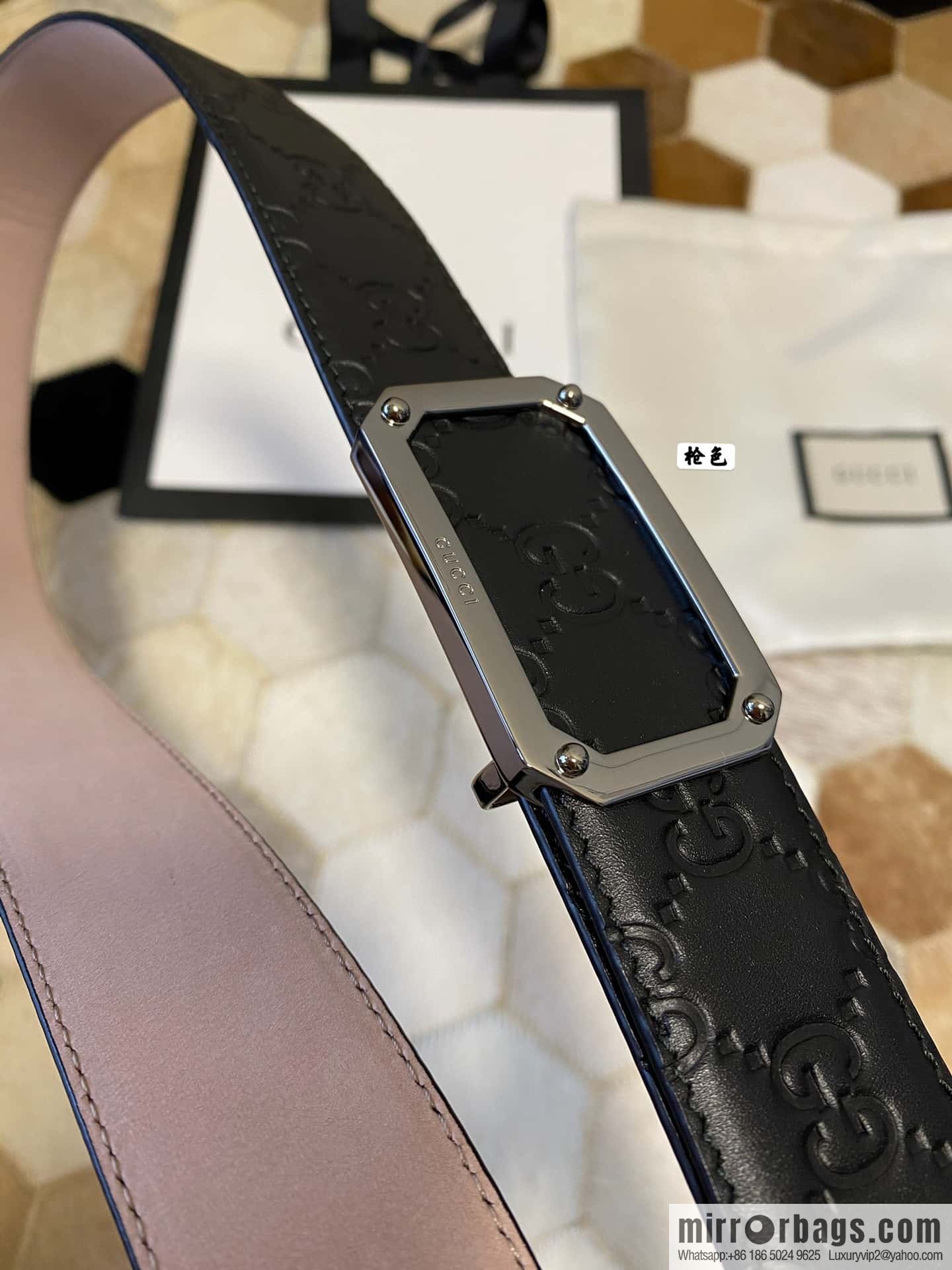 GUCCI square metal buckle 35mm double G embossed imported cowhide belt