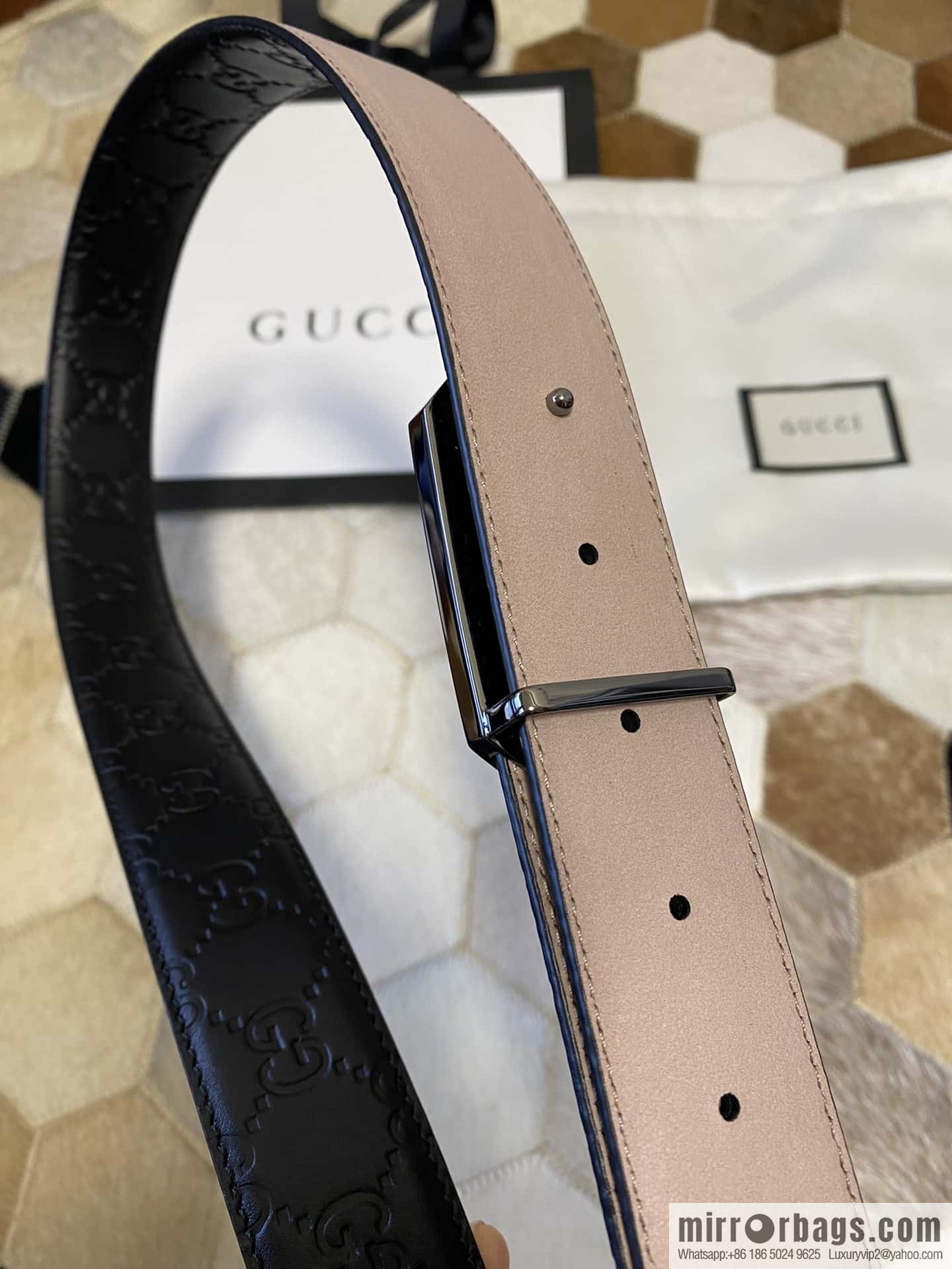GUCCI square metal buckle 35mm double G embossed imported cowhide belt