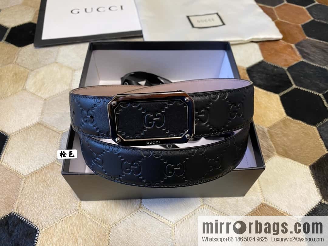 GUCCI square metal buckle 35mm double G embossed imported cowhide belt