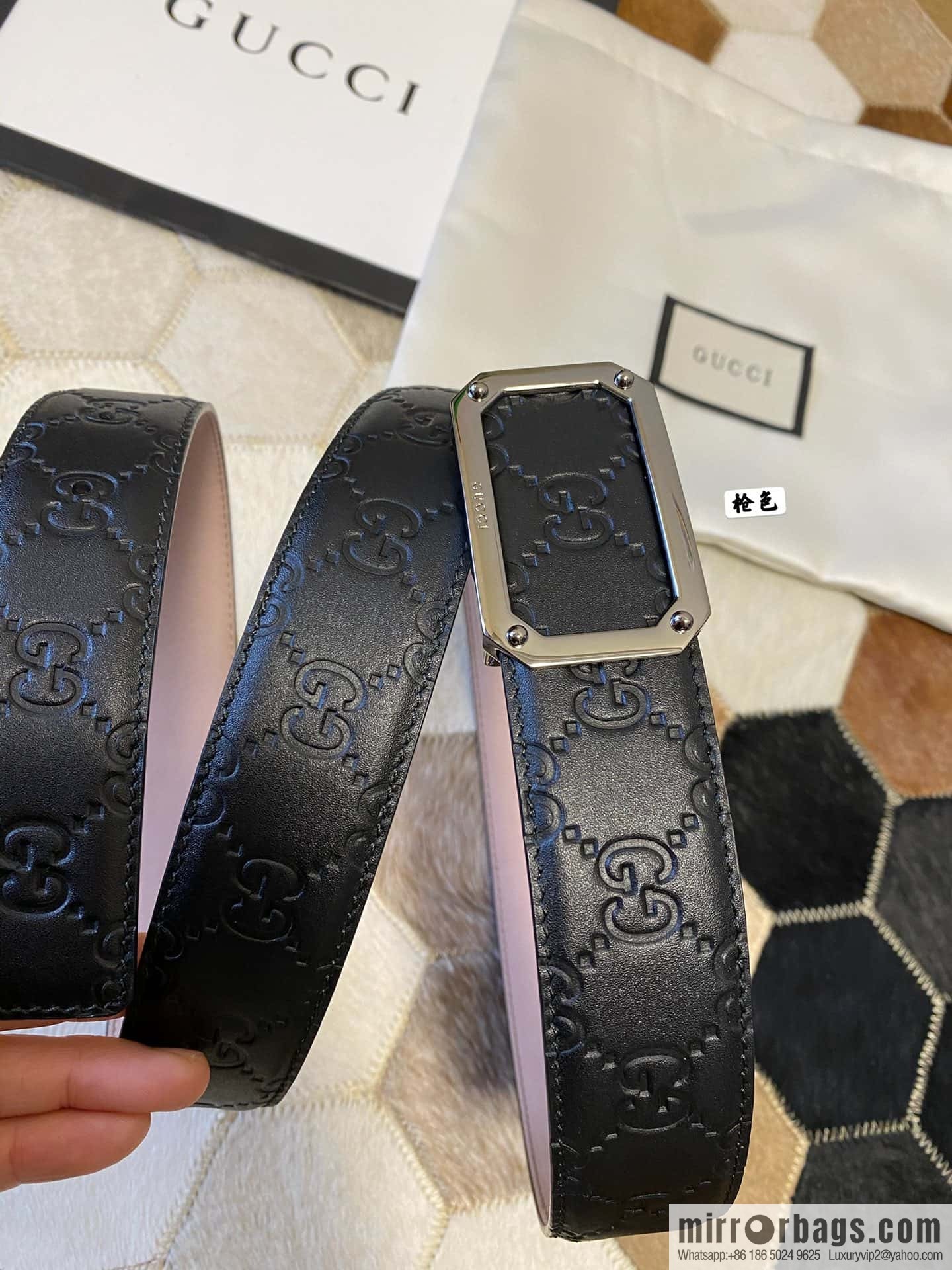 GUCCI square metal buckle 35mm double G embossed imported cowhide belt