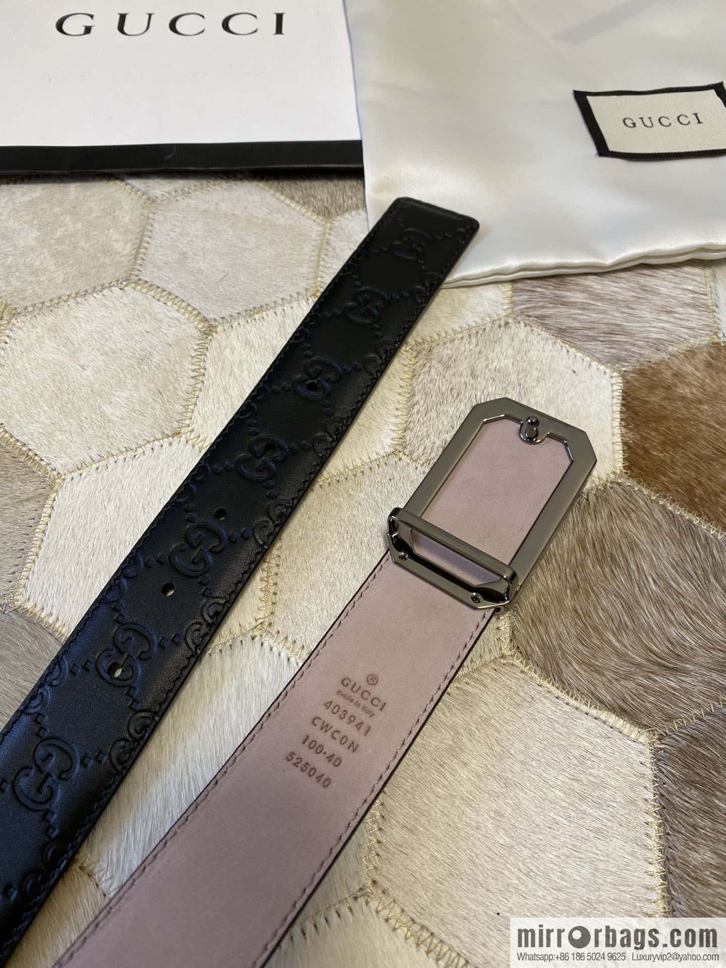 GUCCI square metal buckle 35mm double G embossed imported cowhide belt