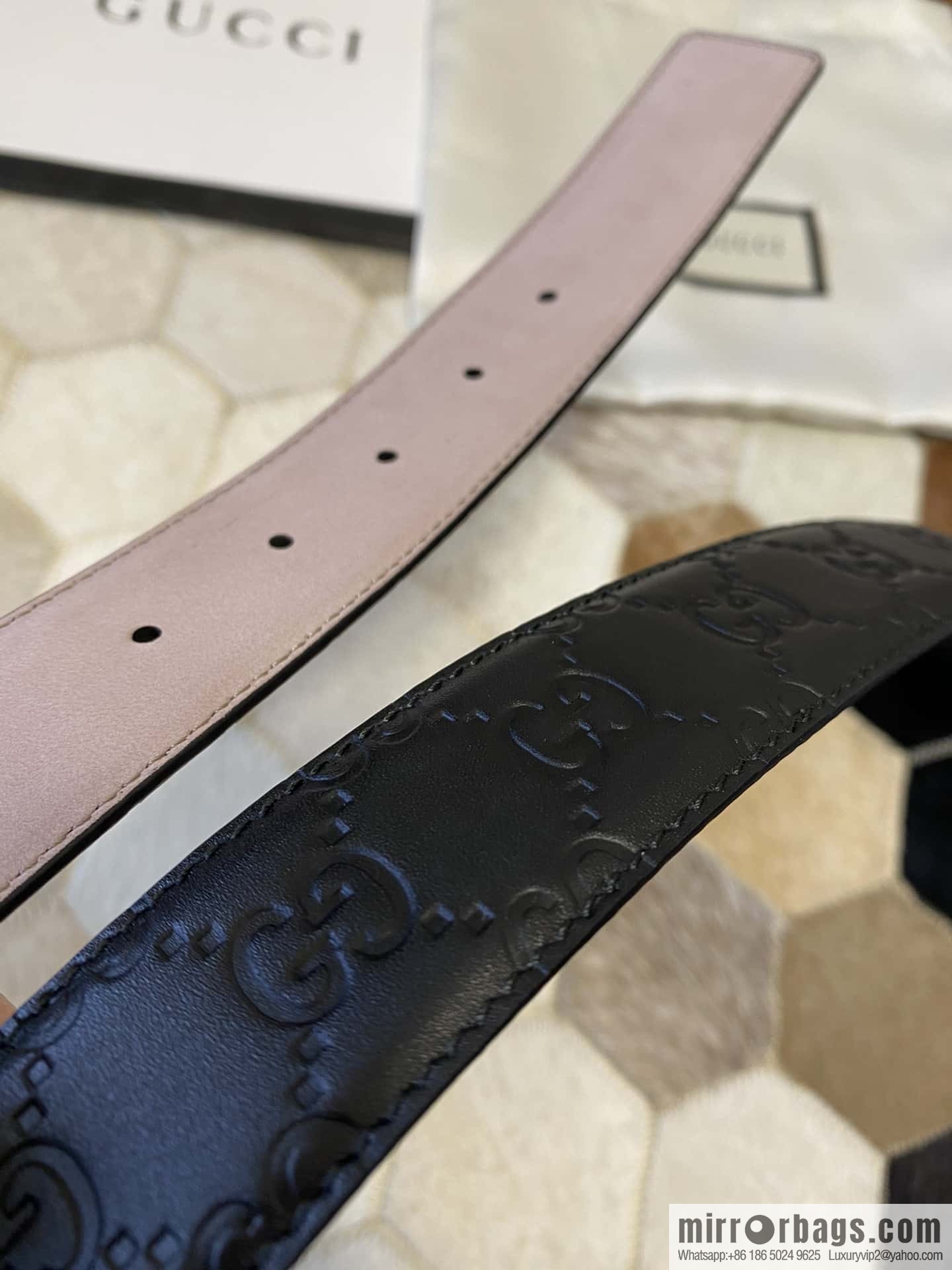 GUCCI square metal buckle 35mm double G embossed imported cowhide belt