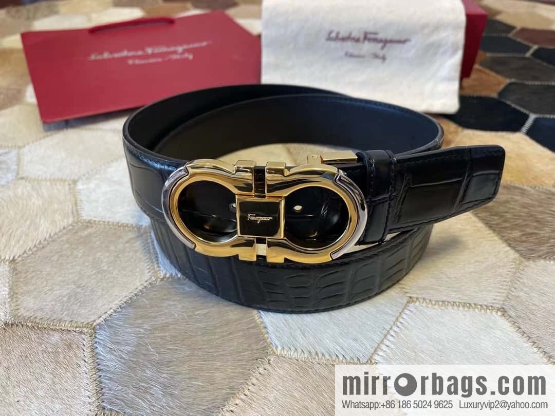 Ferragamo Gancio Double Circle Intertone Edge Metal Clip Buckle, Crocodile Belt 3.5cm