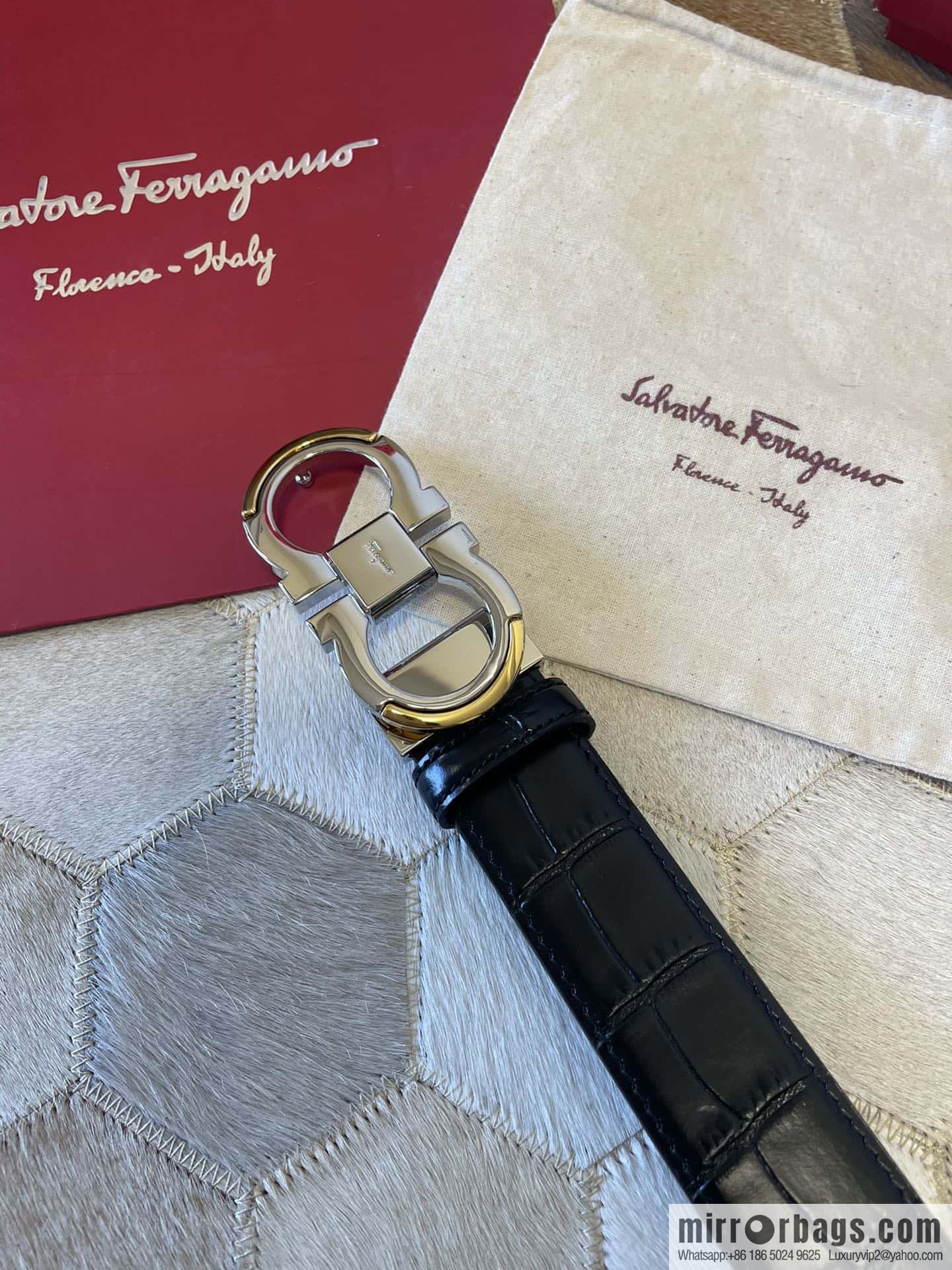 Ferragamo Gancio Double Circle Intertone Edge Metal Clip Buckle, Crocodile Belt 3.5cm