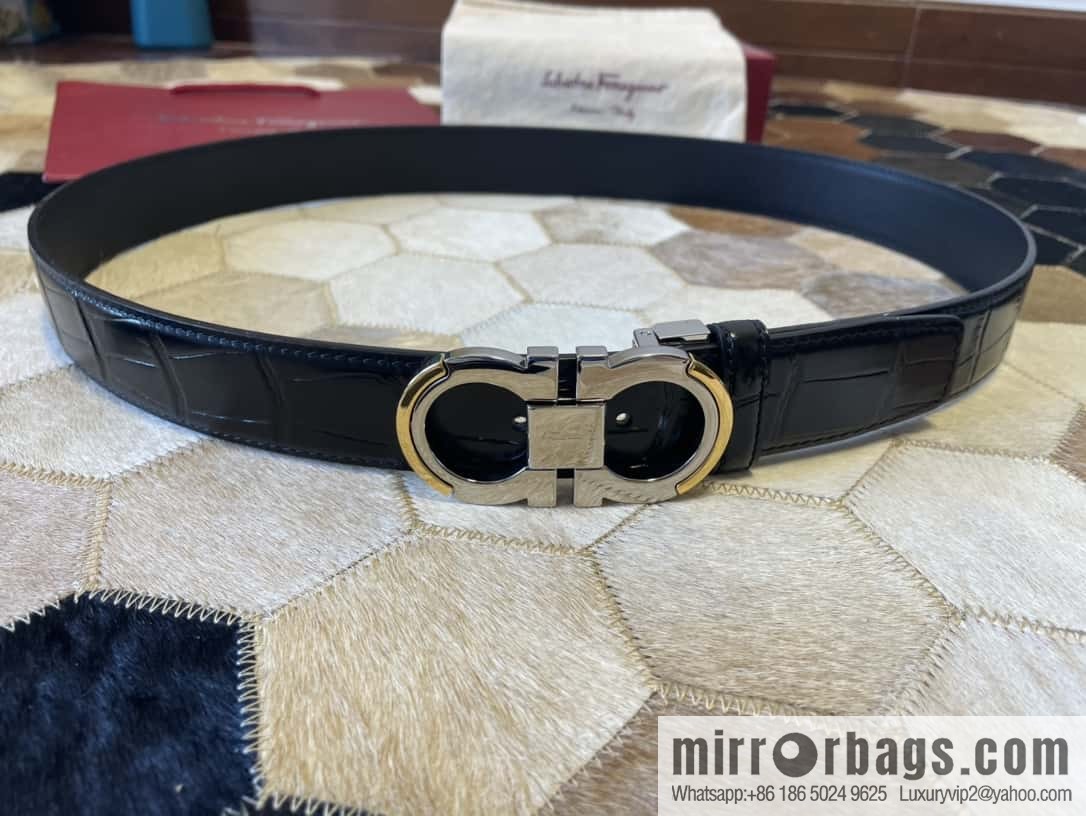 Ferragamo Gancio Double Circle Intertone Edge Metal Clip Buckle, Crocodile Belt 3.5cm