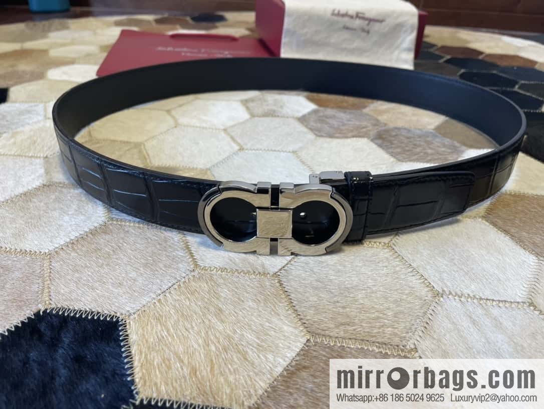 Ferragamo Gancio Double Circle Intertone Edge Metal Clip Buckle, Crocodile Belt 3.5cm