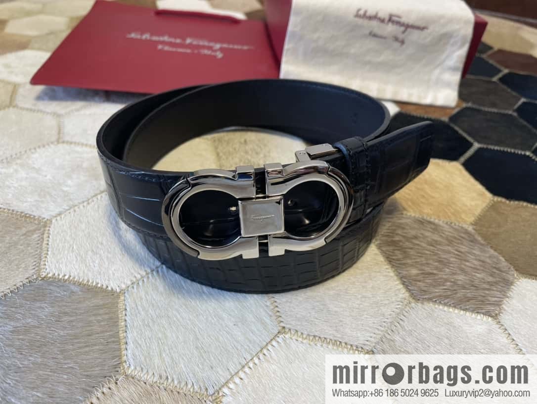 Ferragamo Gancio Double Circle Intertone Edge Metal Clip Buckle, Crocodile Belt 3.5cm
