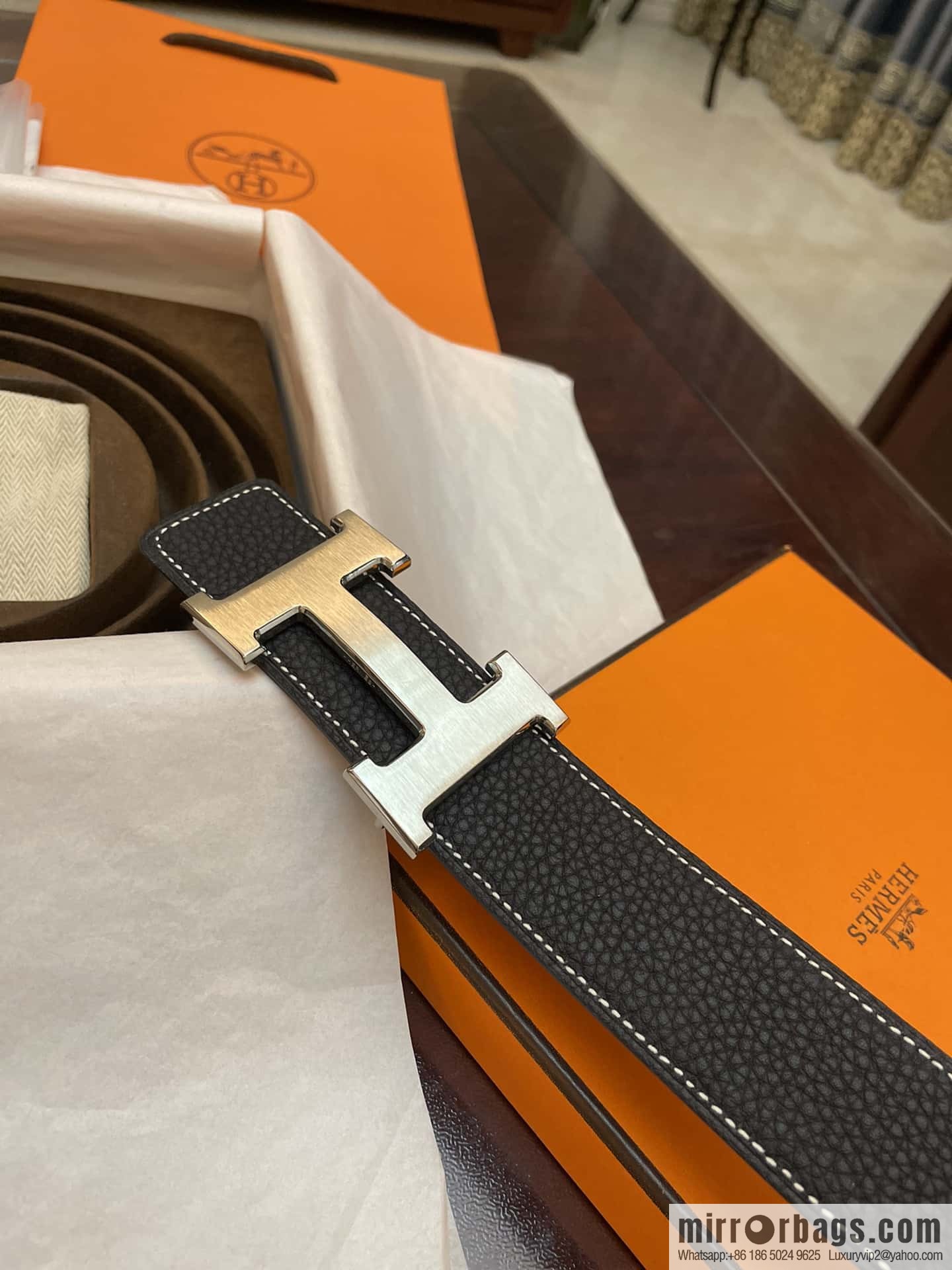 Hermes Hermes, classic H brushed palladium buckle, imported togo leather 38mm belt