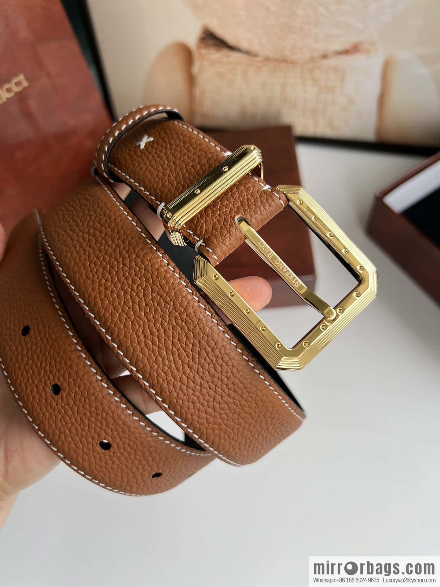 Stefano Ricci Stephen, Stainless Steel Pin Buckle Double Sided First Layer Lychee Textured Cowhide Belt 3.6cm