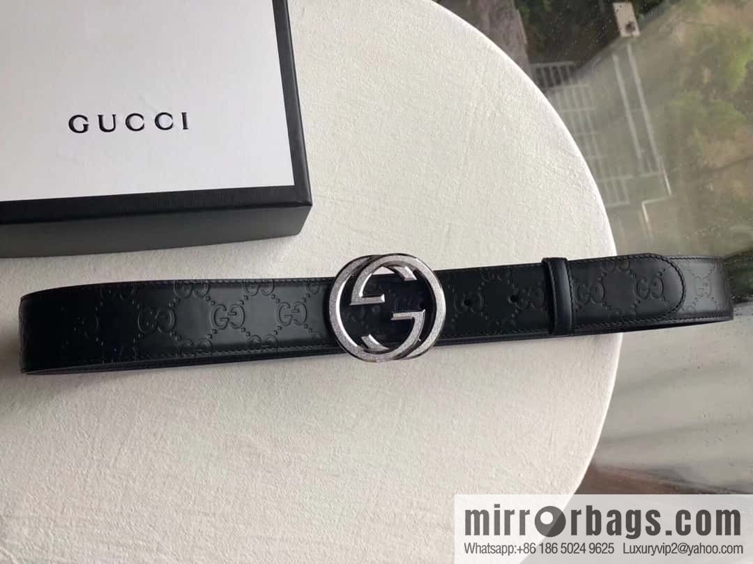 GUCCI Signature Men's Stainless Steel Double G Tumbling Sand Metal Buckle Embossed Top Cowhide Belt 3.8cm