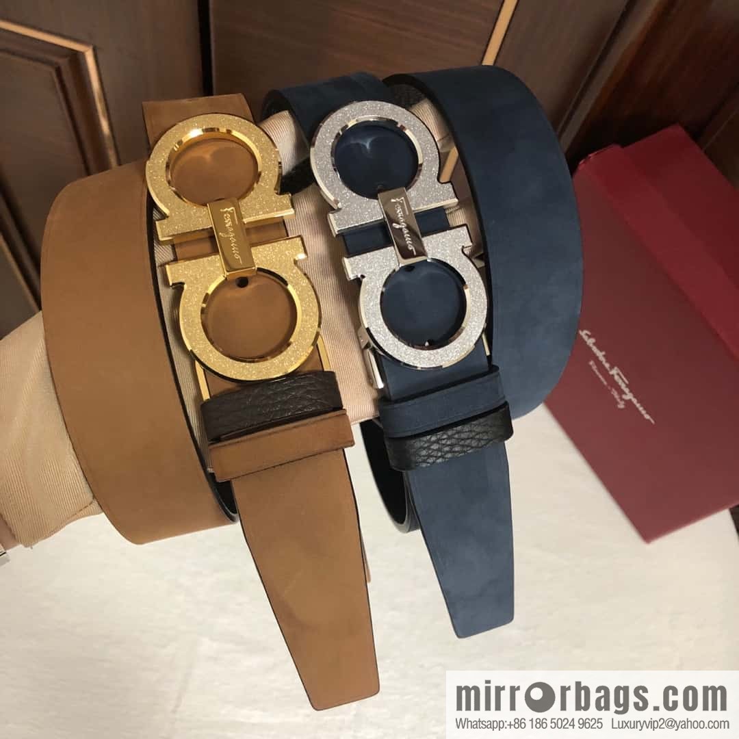 Ferragamo Ferragamo, Men's 3.5cm Stainless Steel Rolling Sand Craft Metal Clamp Buckle, Suede Leather Swing Belt