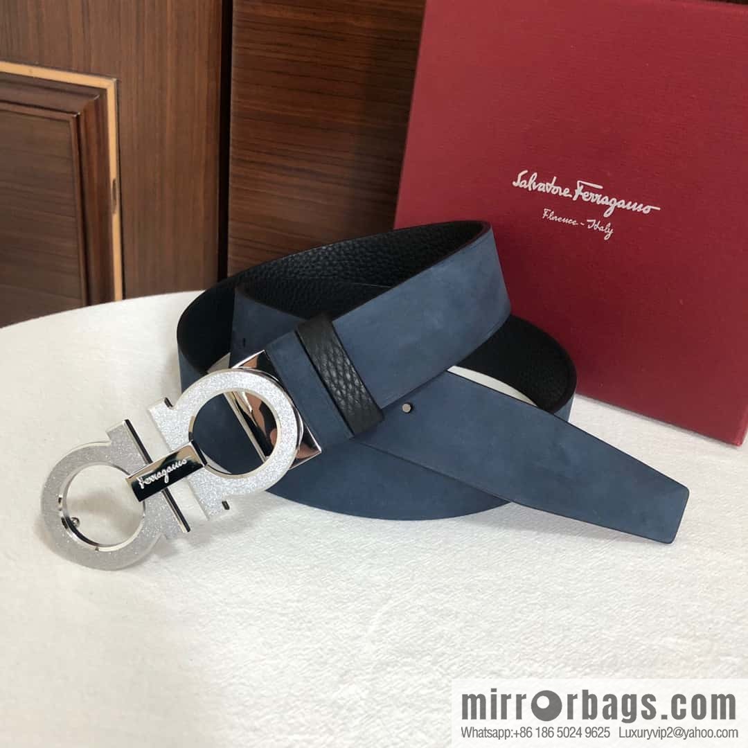Ferragamo Ferragamo, Men's 3.5cm Stainless Steel Rolling Sand Craft Metal Clamp Buckle, Suede Leather Swing Belt