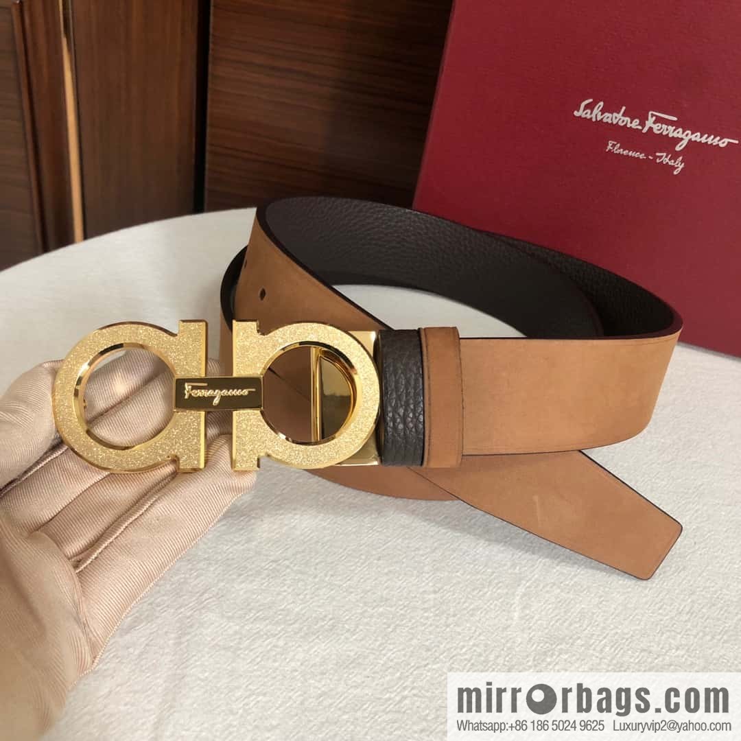Ferragamo Ferragamo, Men's 3.5cm Stainless Steel Rolling Sand Craft Metal Clamp Buckle, Suede Leather Swing Belt