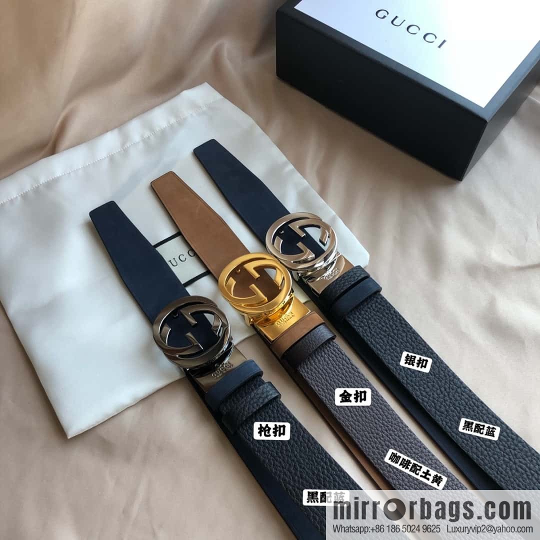 GUCCI imported suede color-changing leather with the first layer of swinging cowhide, double G rotating metal buckle, belt 35mm