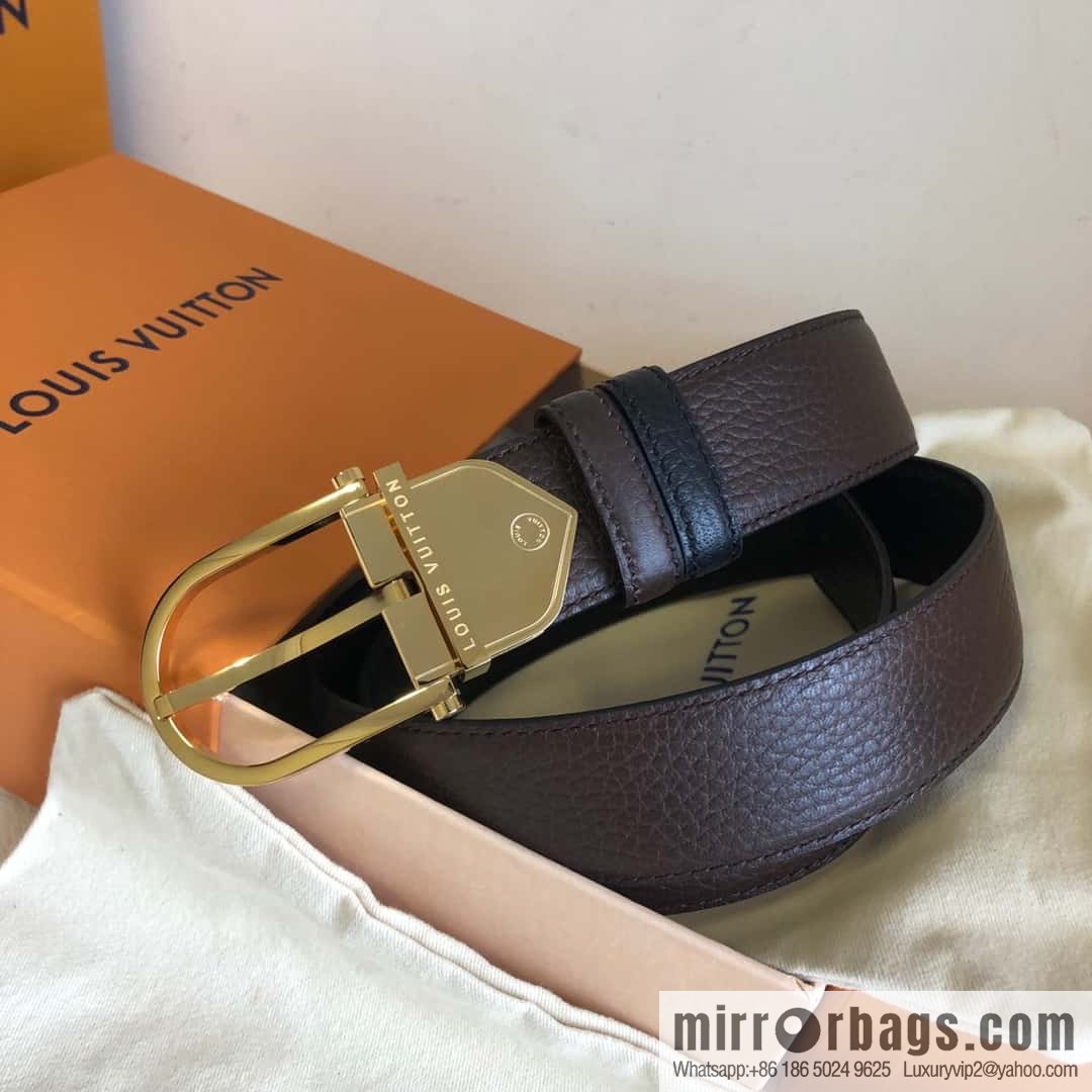 LV stainless steel pin buckle with the first layer of cowhide double-sided lychee adjustable external belt 35MM