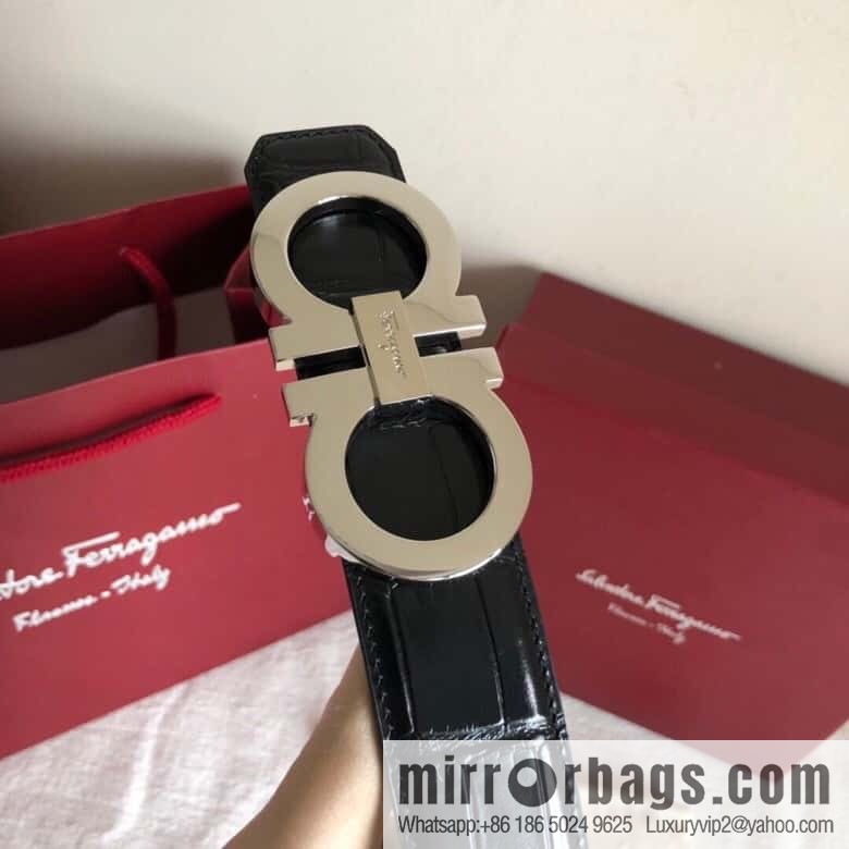 Ferragamo 3.5cm exquisite double-ring metal buckle, crocodile belt