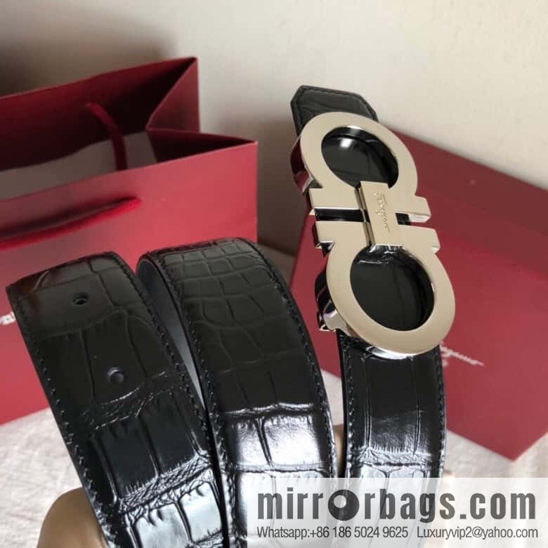 Ferragamo 3.5cm exquisite double-ring metal buckle, crocodile belt