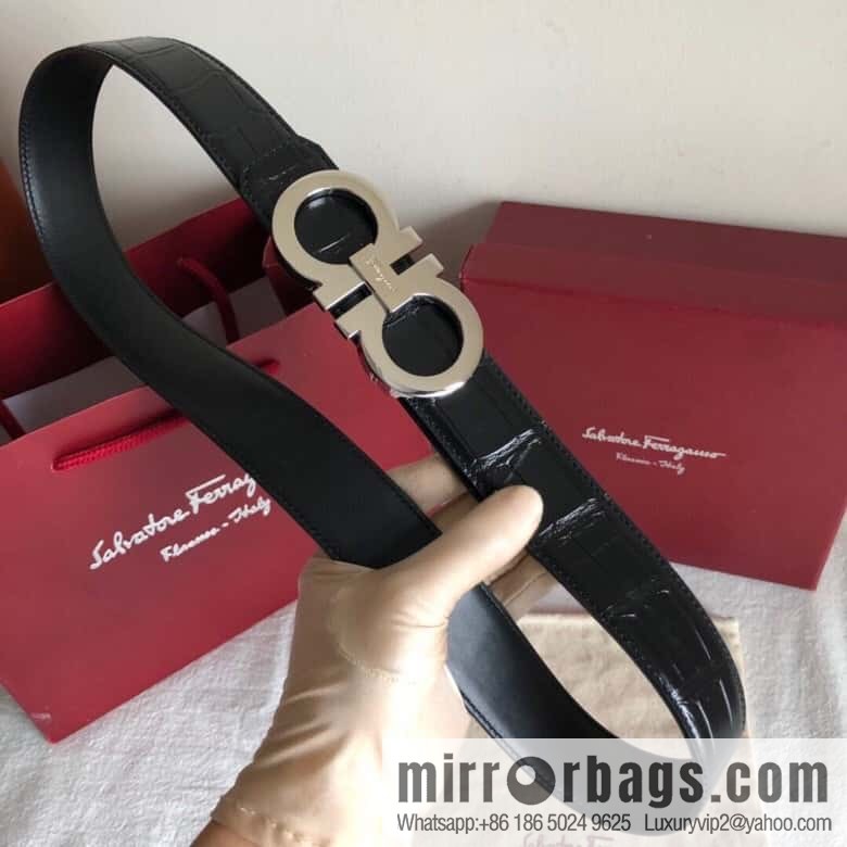 Ferragamo 3.5cm exquisite double-ring metal buckle, crocodile belt