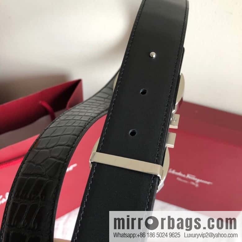 Ferragamo 3.5cm exquisite double-ring metal buckle, crocodile belt
