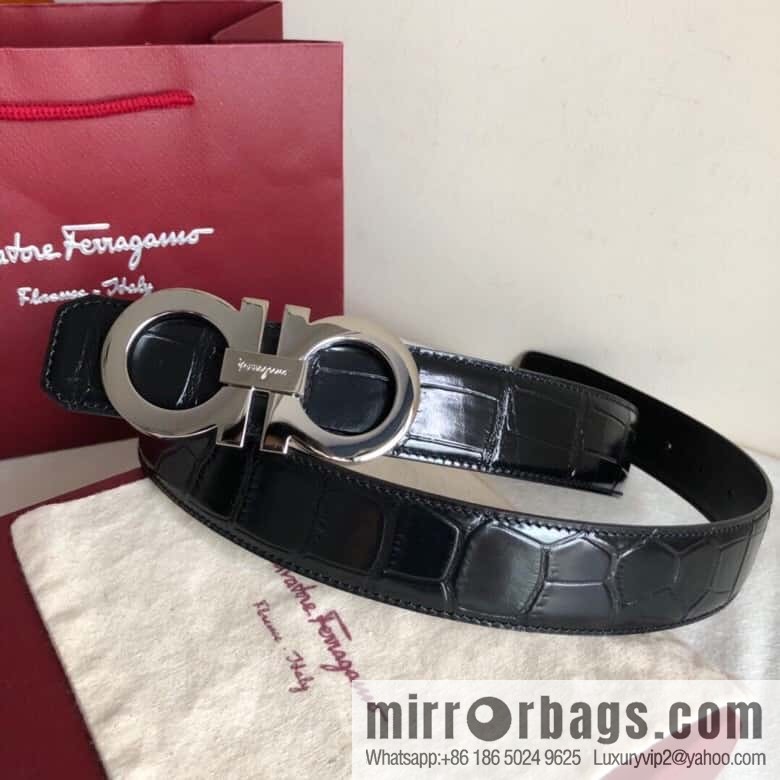 Ferragamo 3.5cm exquisite double-ring metal buckle, crocodile belt