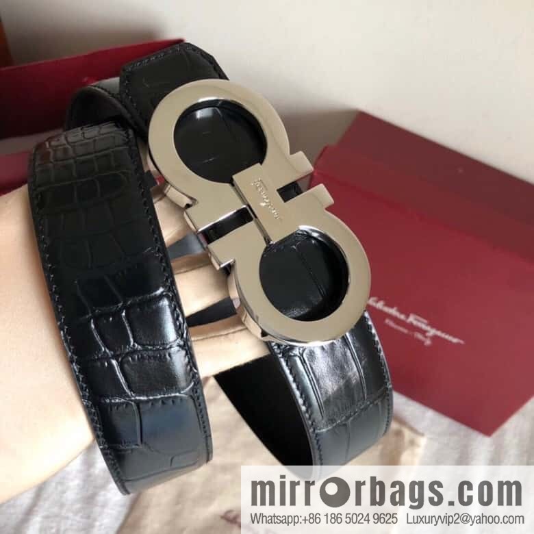 Ferragamo 3.5cm exquisite double-ring metal buckle, crocodile belt