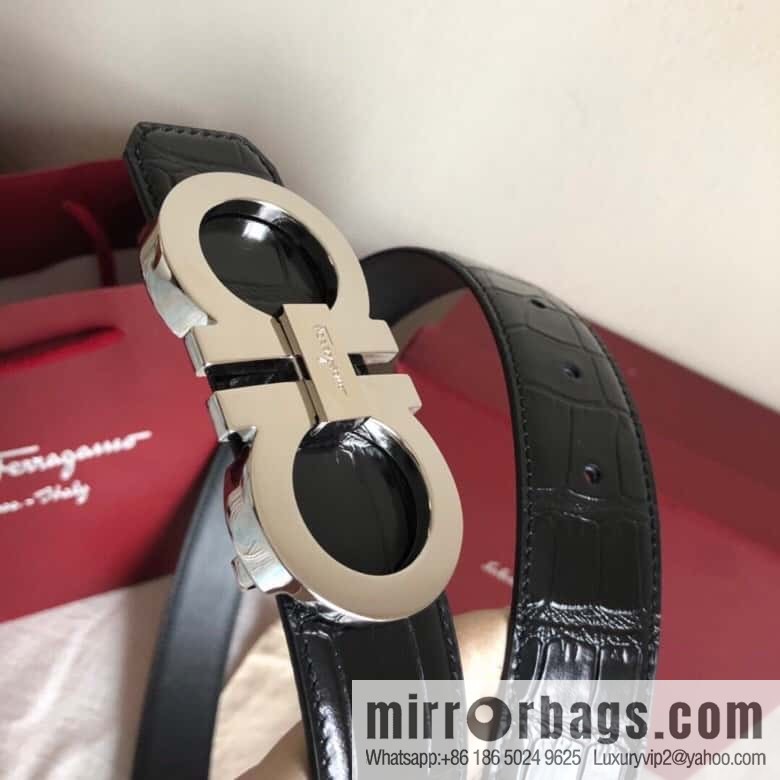 Ferragamo 3.5cm exquisite double-ring metal buckle, crocodile belt