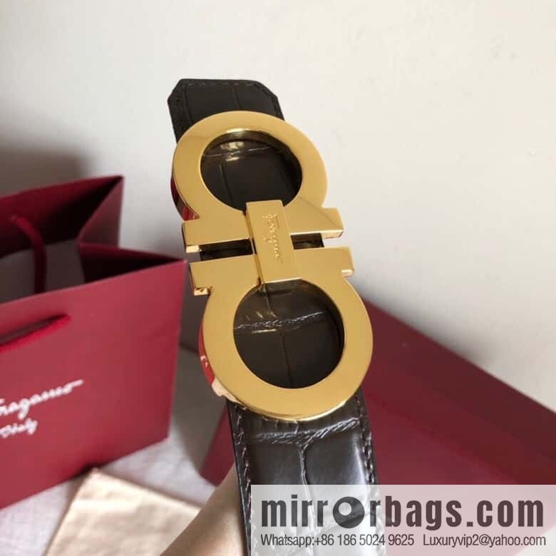 Ferragamo 3.5cm exquisite double-ring metal buckle, crocodile belt