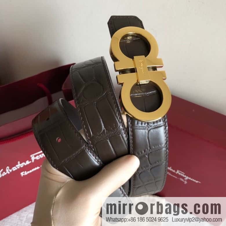 Ferragamo 3.5cm exquisite double-ring metal buckle, crocodile belt