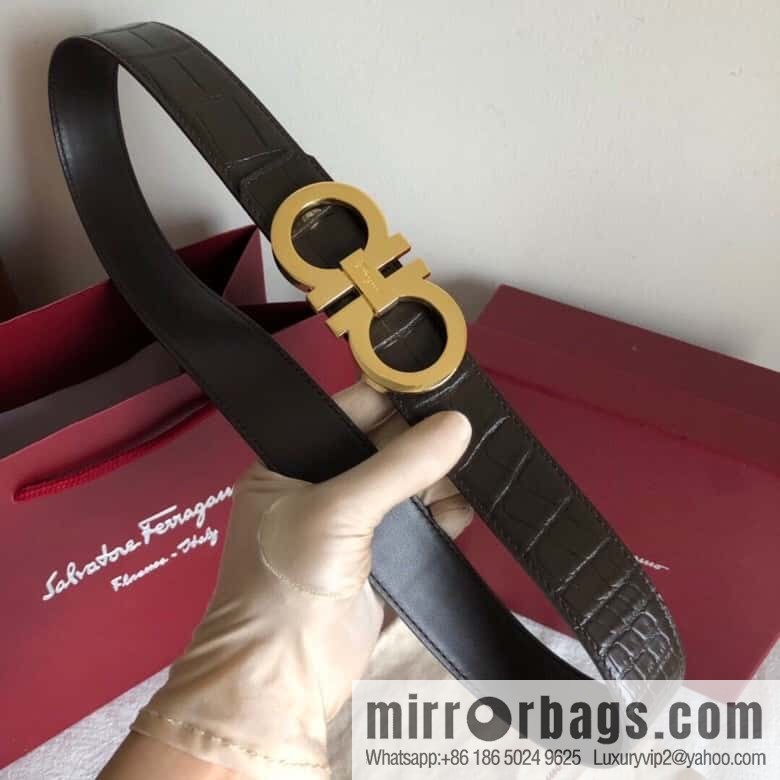 Ferragamo 3.5cm exquisite double-ring metal buckle, crocodile belt