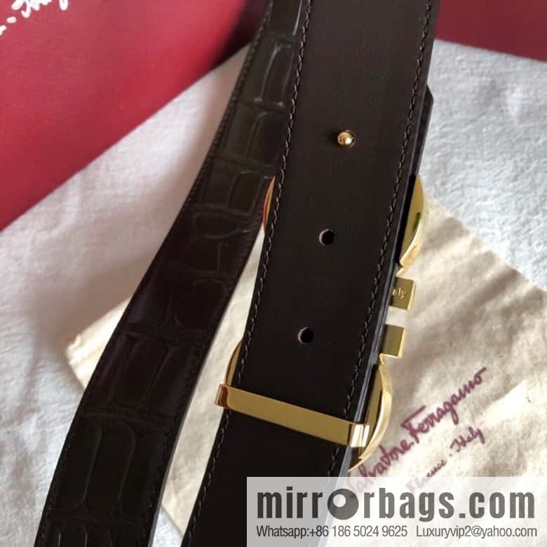 Ferragamo 3.5cm exquisite double-ring metal buckle, crocodile belt