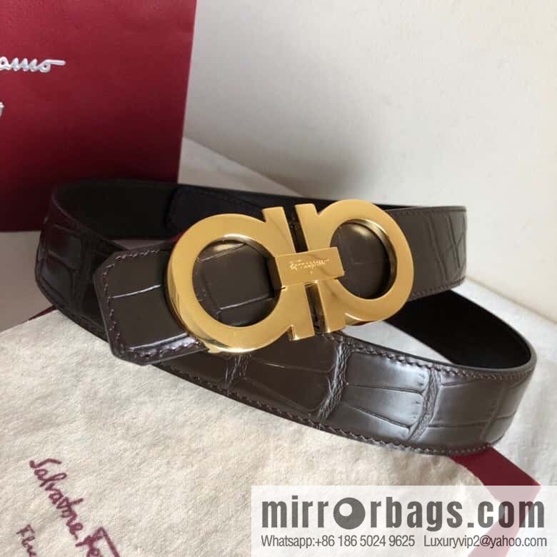 Ferragamo 3.5cm exquisite double-ring metal buckle, crocodile belt
