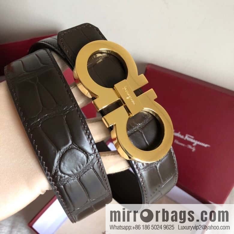 Ferragamo 3.5cm exquisite double-ring metal buckle, crocodile belt