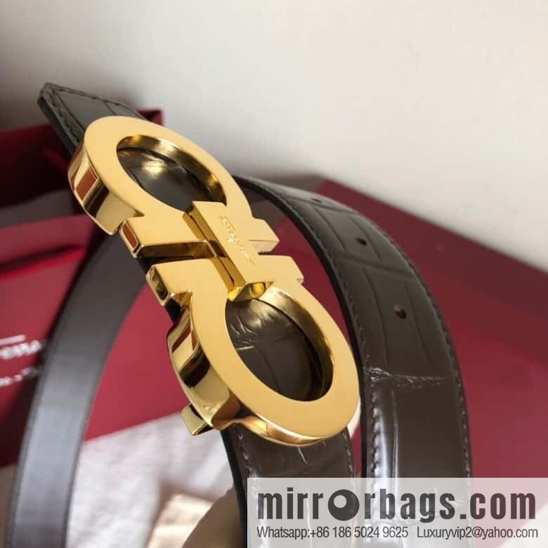 Ferragamo 3.5cm exquisite double-ring metal buckle, crocodile belt