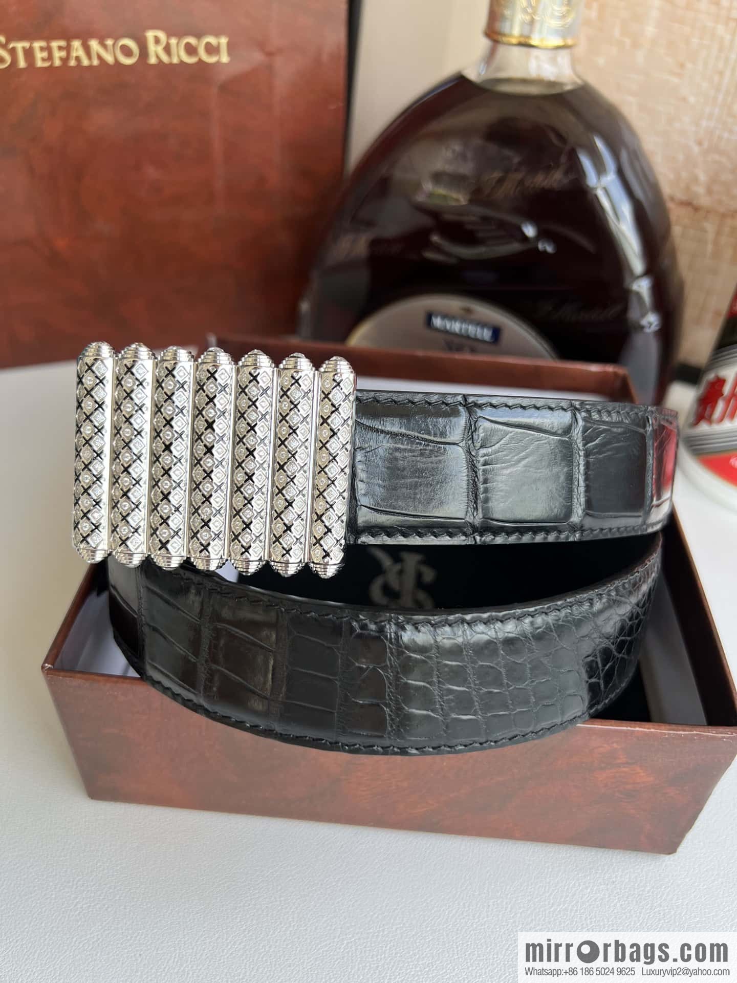Stefano Ricci Stephen, stainless steel with diamonds, metal buckle inside, alligator belt 3.5cm
