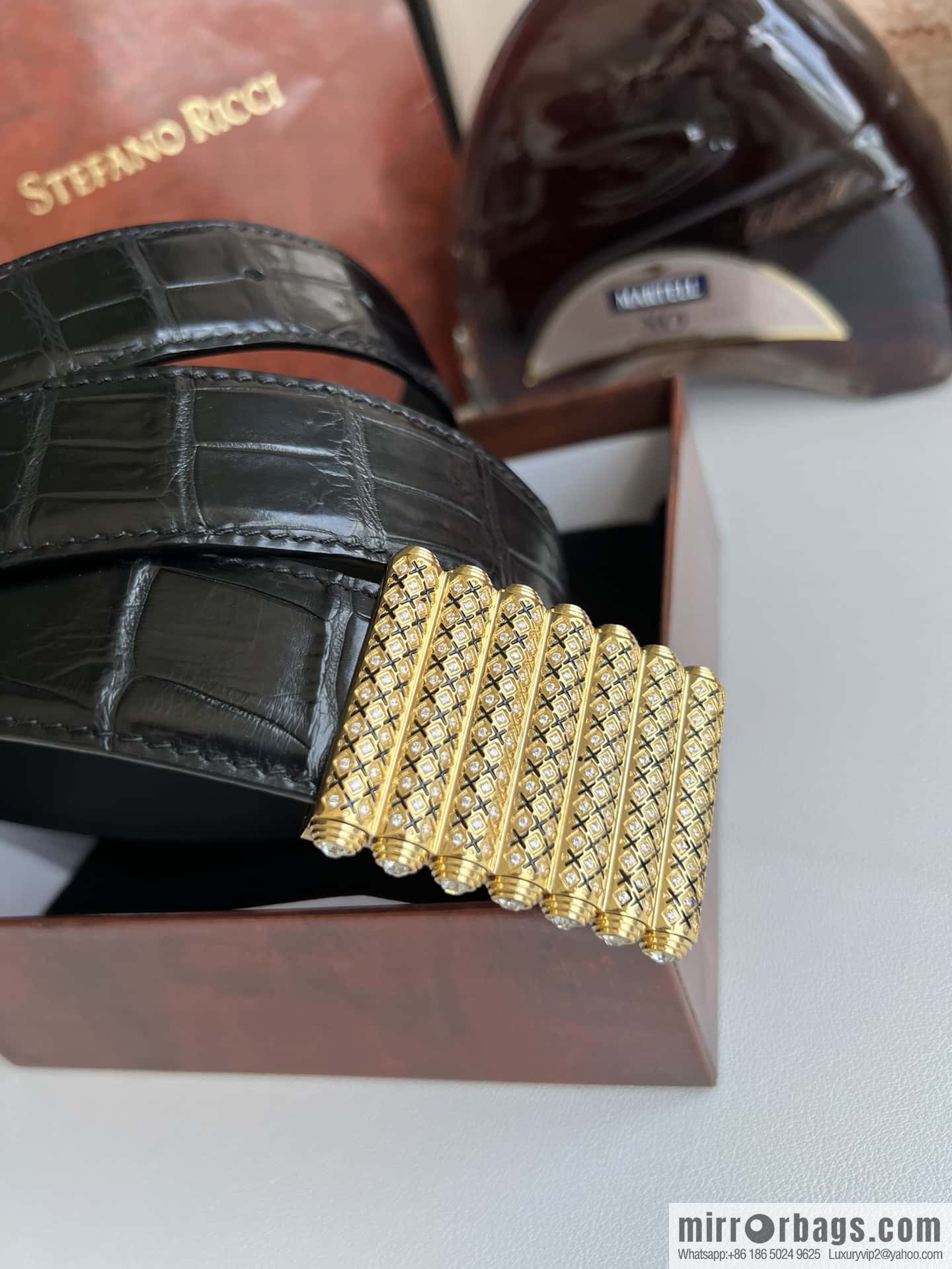 Stefano Ricci Stephen, stainless steel with diamonds, metal buckle inside, alligator belt 3.5cm