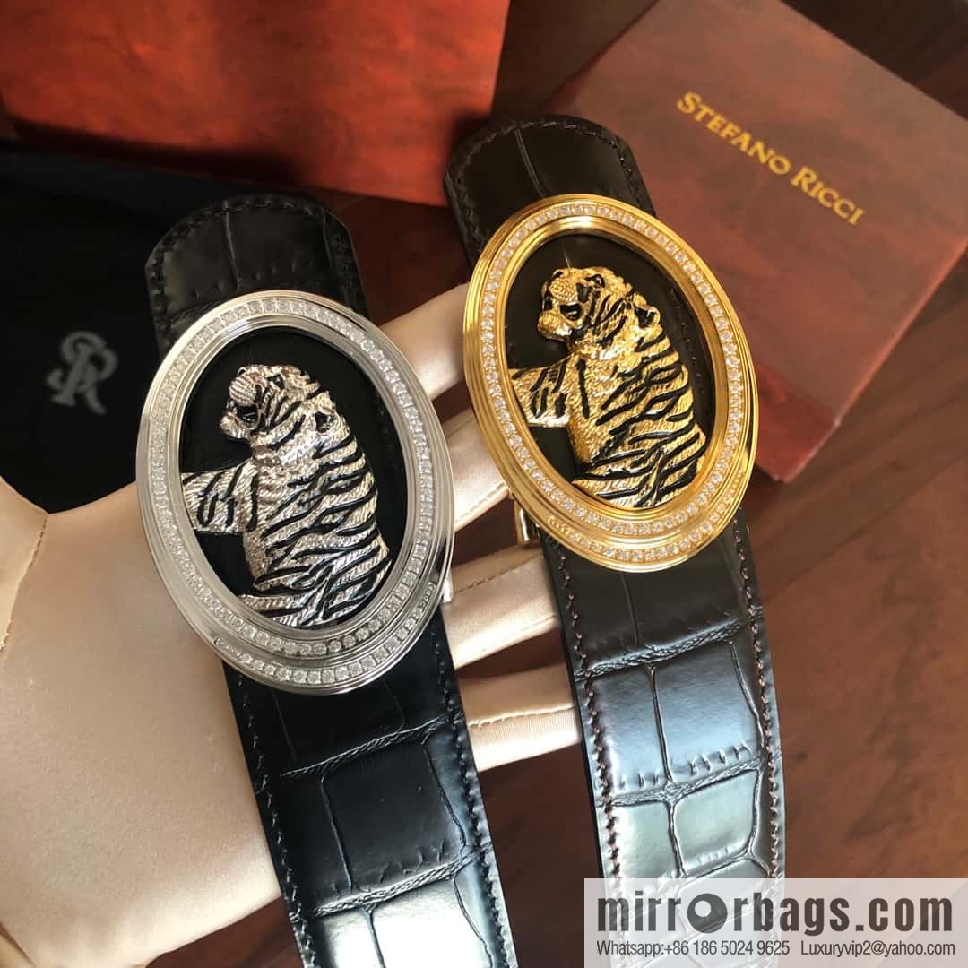 Stefano Ricci Stephen, Stainless Steel Tiger Head Round Diamond Buckle 3.8cm Alligator Belt