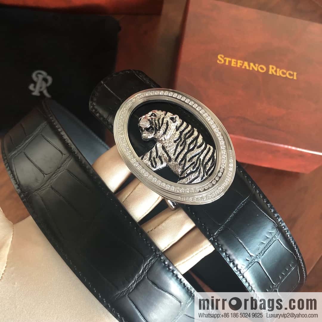 Stefano Ricci Stephen, Stainless Steel Tiger Head Round Diamond Buckle 3.8cm Alligator Belt