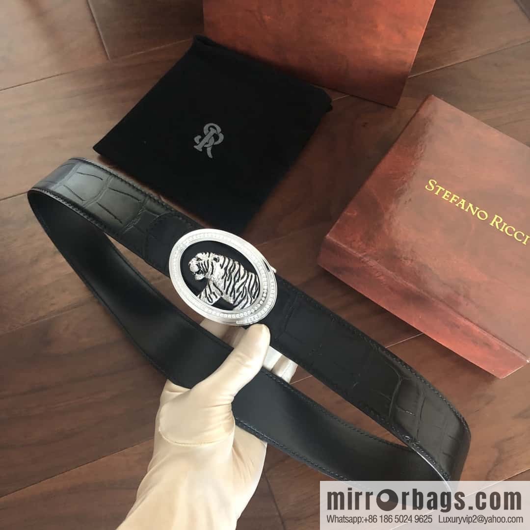 Stefano Ricci Stephen, Stainless Steel Tiger Head Round Diamond Buckle 3.8cm Alligator Belt