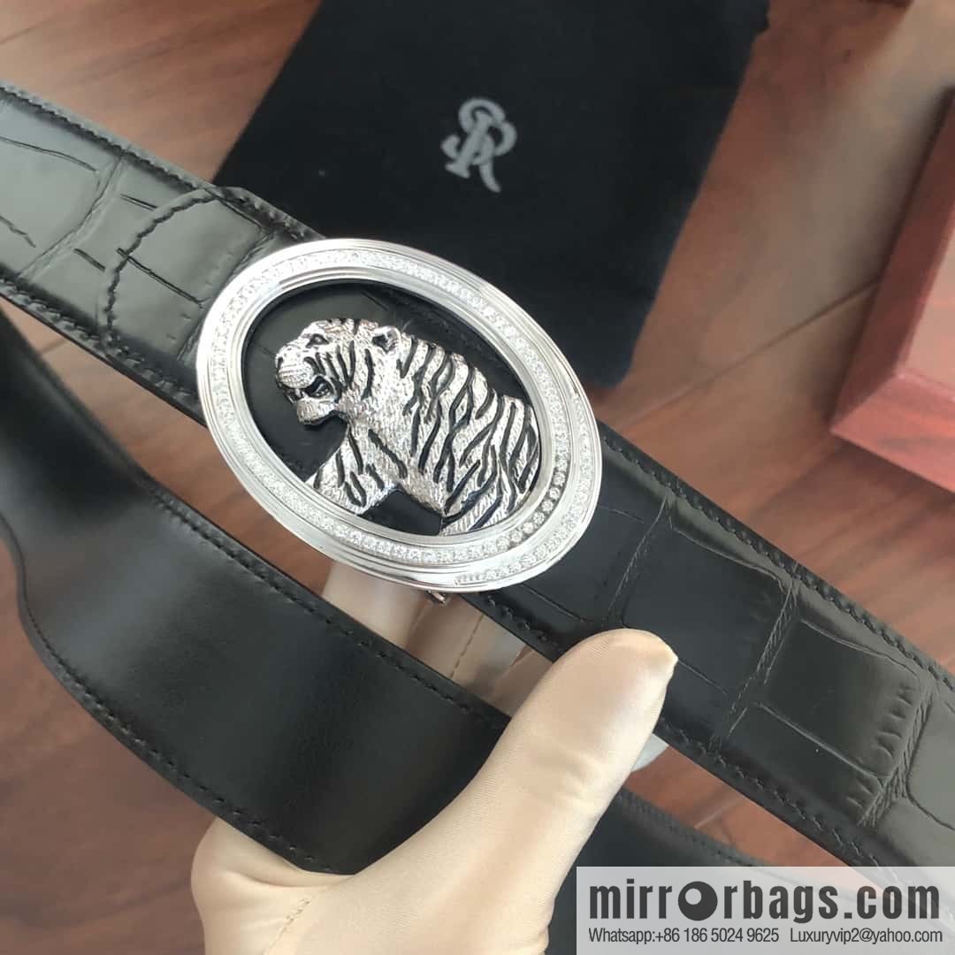 Stefano Ricci Stephen, Stainless Steel Tiger Head Round Diamond Buckle 3.8cm Alligator Belt