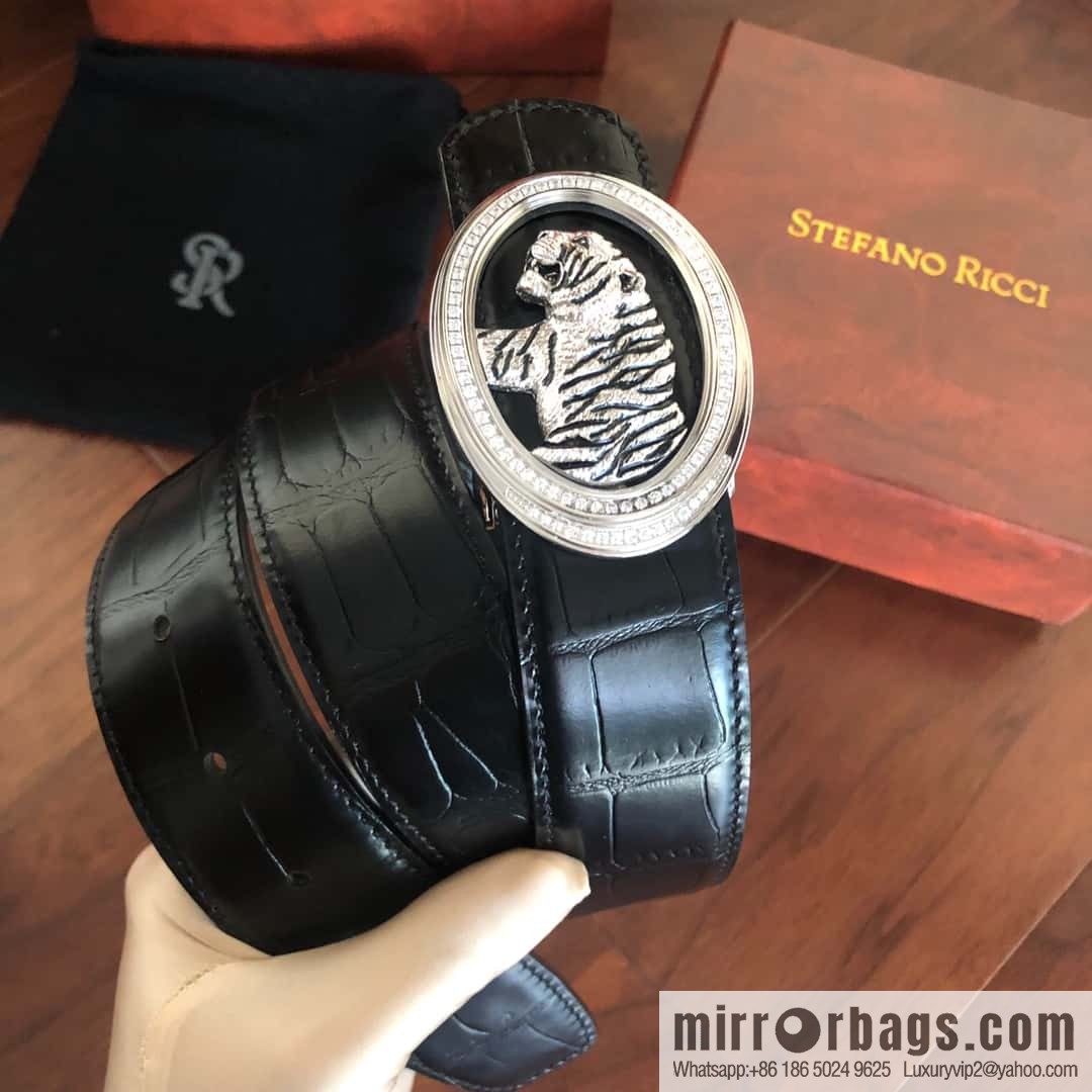 Stefano Ricci Stephen, Stainless Steel Tiger Head Round Diamond Buckle 3.8cm Alligator Belt