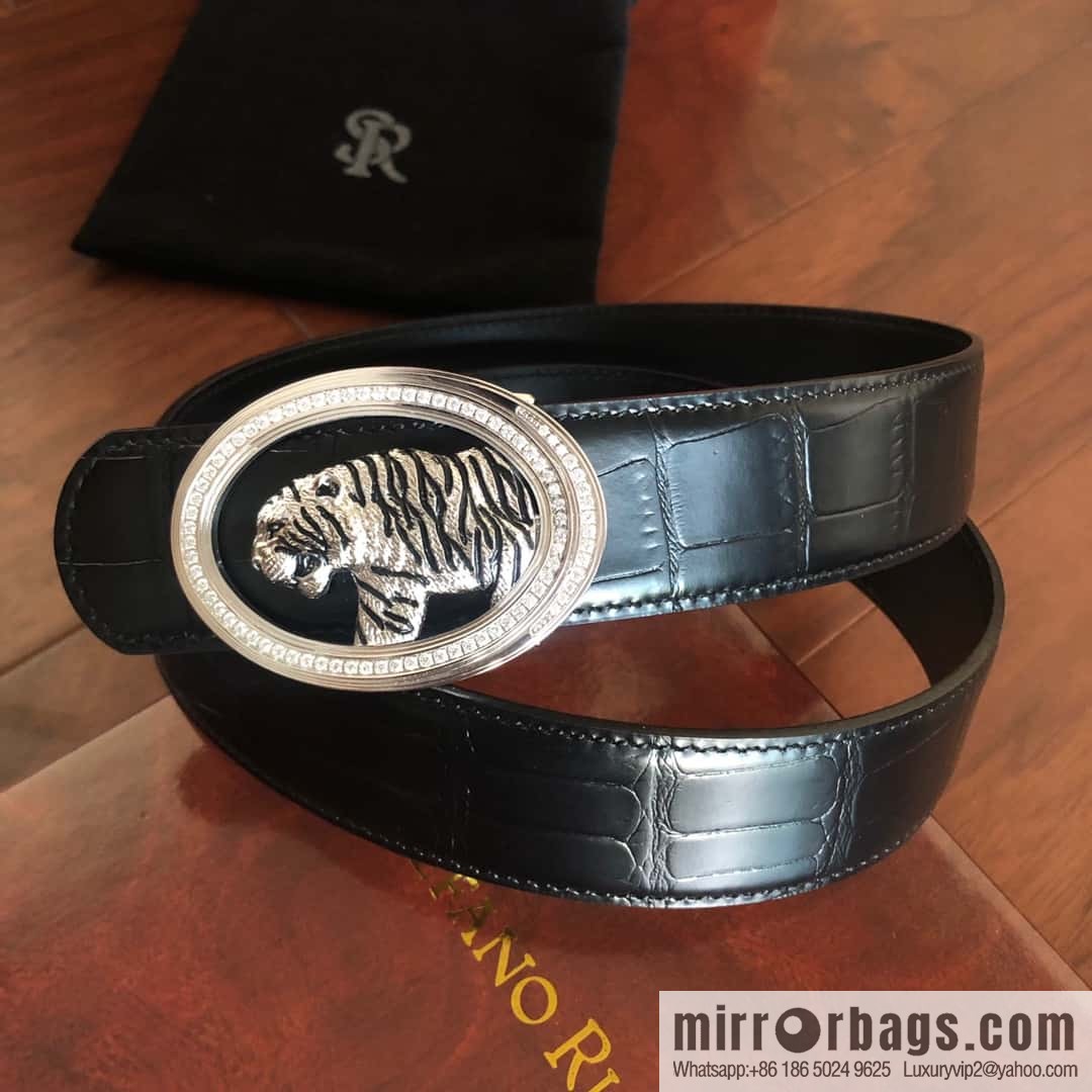 Stefano Ricci Stephen, Stainless Steel Tiger Head Round Diamond Buckle 3.8cm Alligator Belt