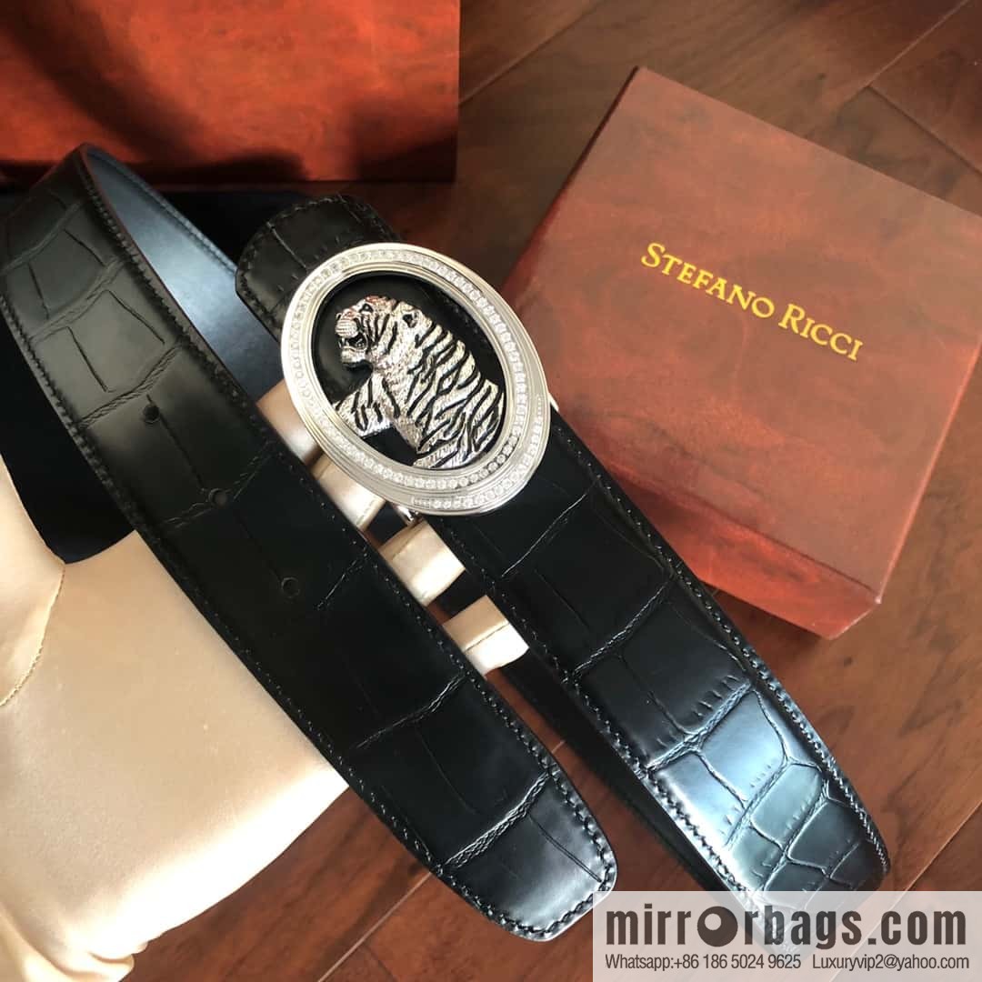 Stefano Ricci Stephen, Stainless Steel Tiger Head Round Diamond Buckle 3.8cm Alligator Belt