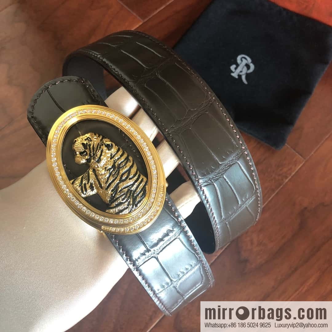 Stefano Ricci Stephen, Stainless Steel Tiger Head Round Diamond Buckle 3.8cm Alligator Belt