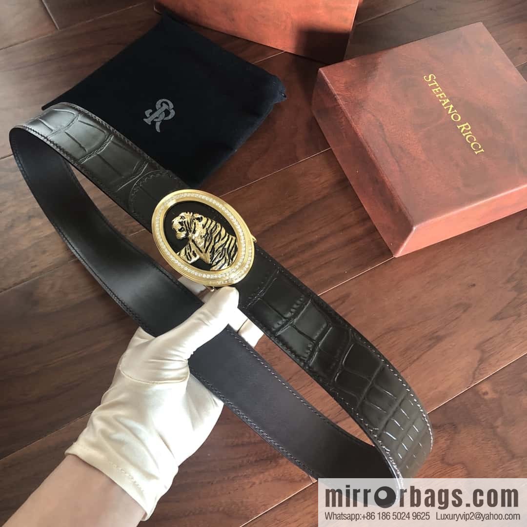 Stefano Ricci Stephen, Stainless Steel Tiger Head Round Diamond Buckle 3.8cm Alligator Belt