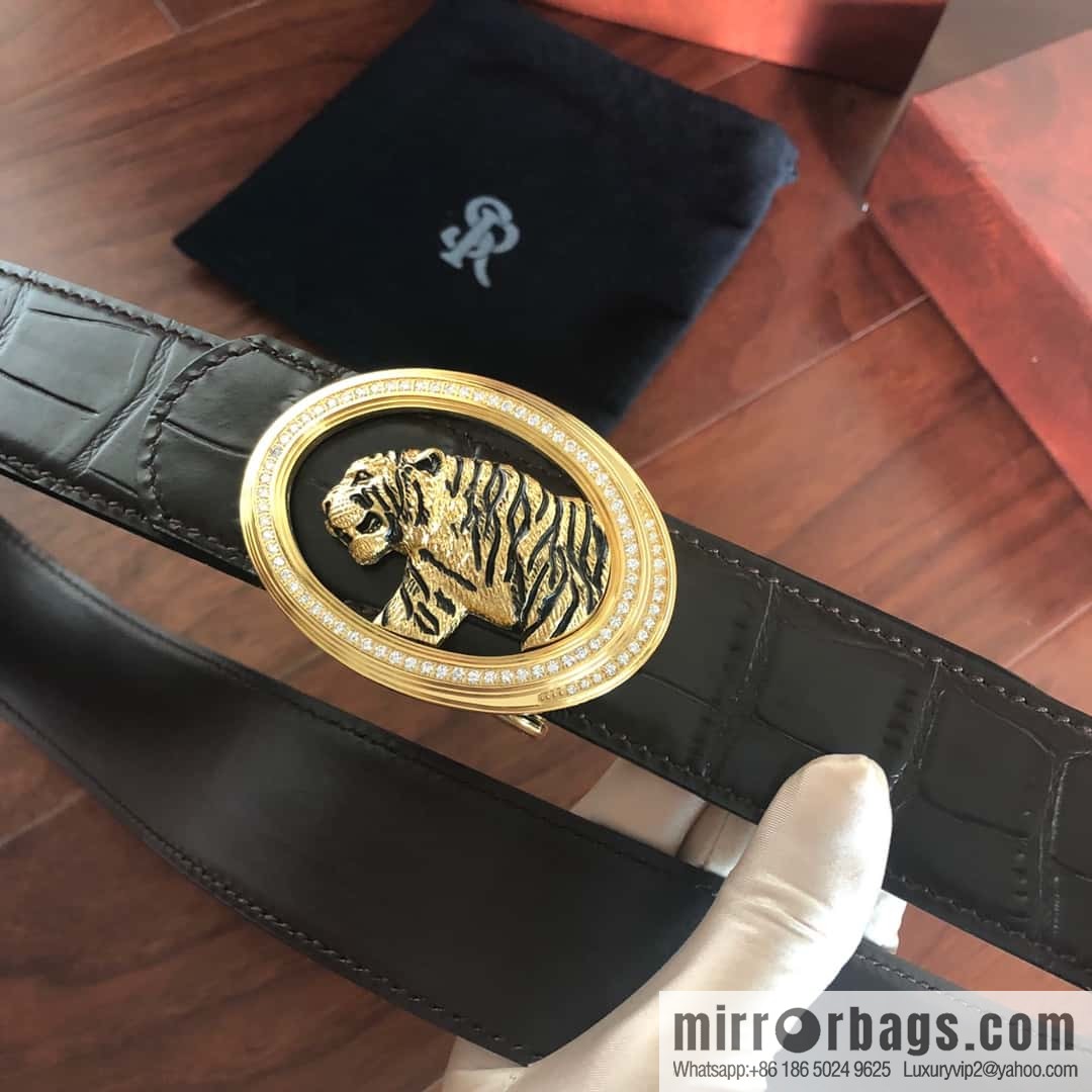 Stefano Ricci Stephen, Stainless Steel Tiger Head Round Diamond Buckle 3.8cm Alligator Belt
