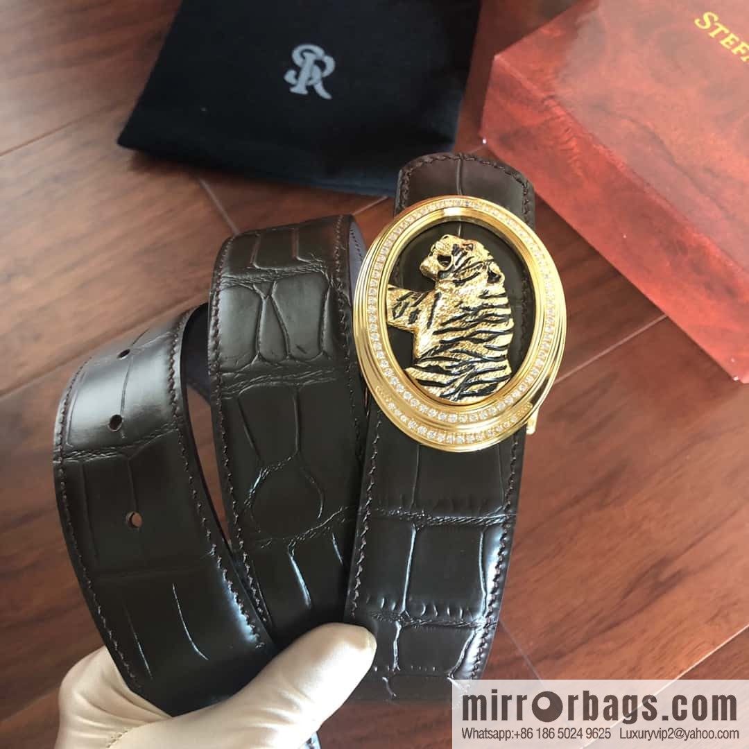Stefano Ricci Stephen, Stainless Steel Tiger Head Round Diamond Buckle 3.8cm Alligator Belt