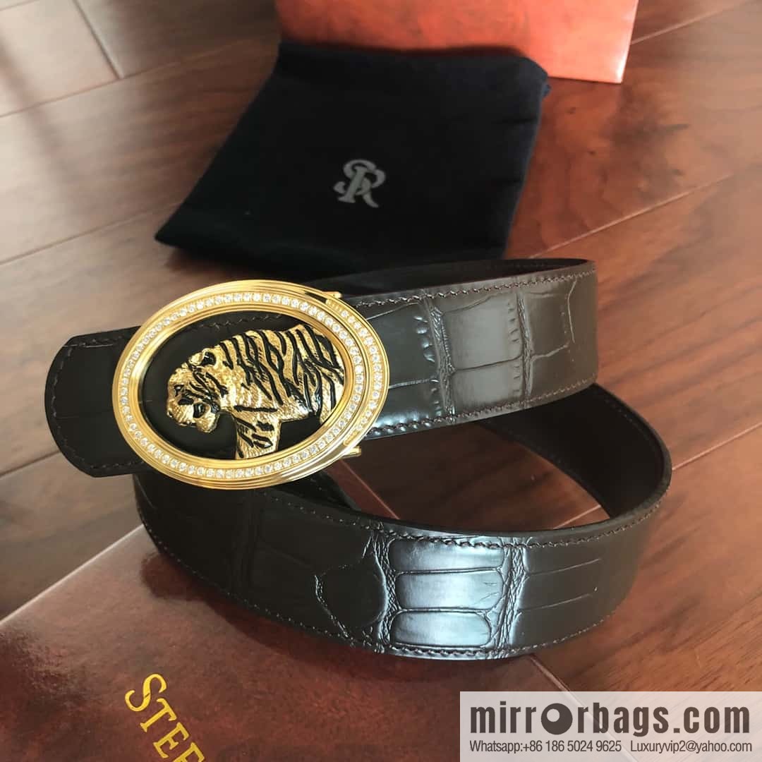 Stefano Ricci Stephen, Stainless Steel Tiger Head Round Diamond Buckle 3.8cm Alligator Belt
