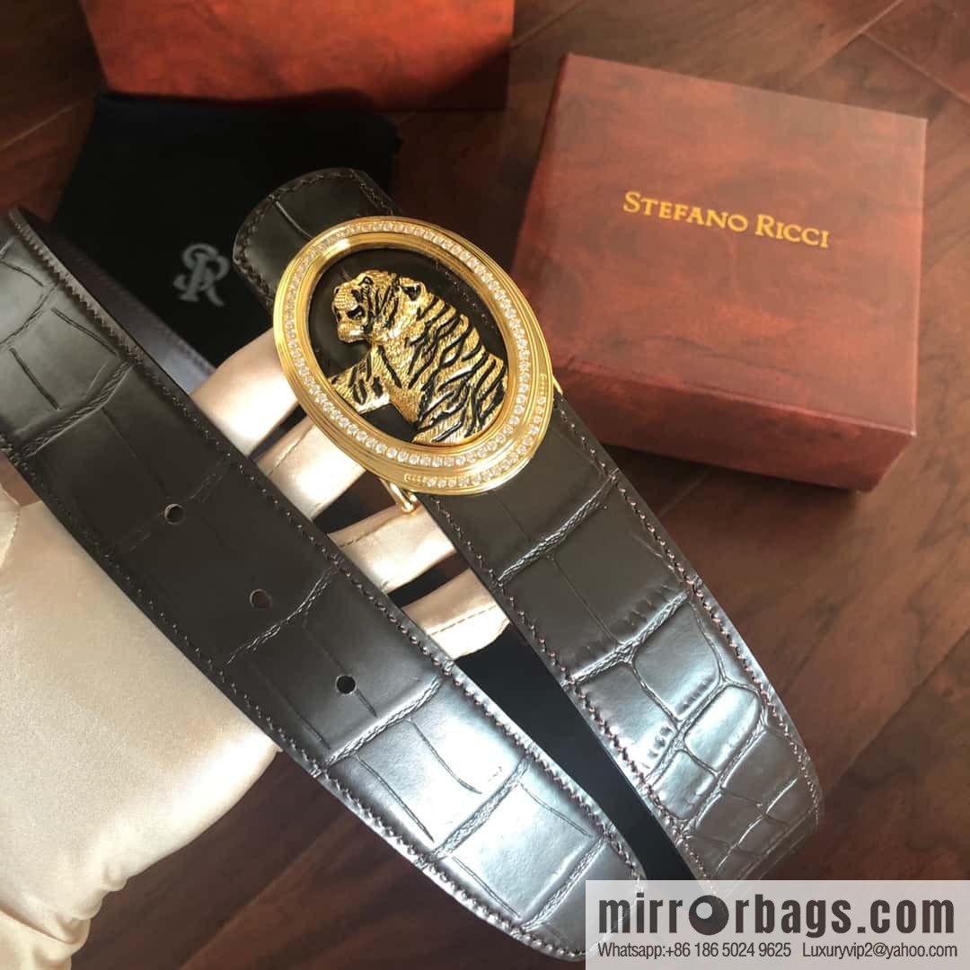 Stefano Ricci Stephen, Stainless Steel Tiger Head Round Diamond Buckle 3.8cm Alligator Belt