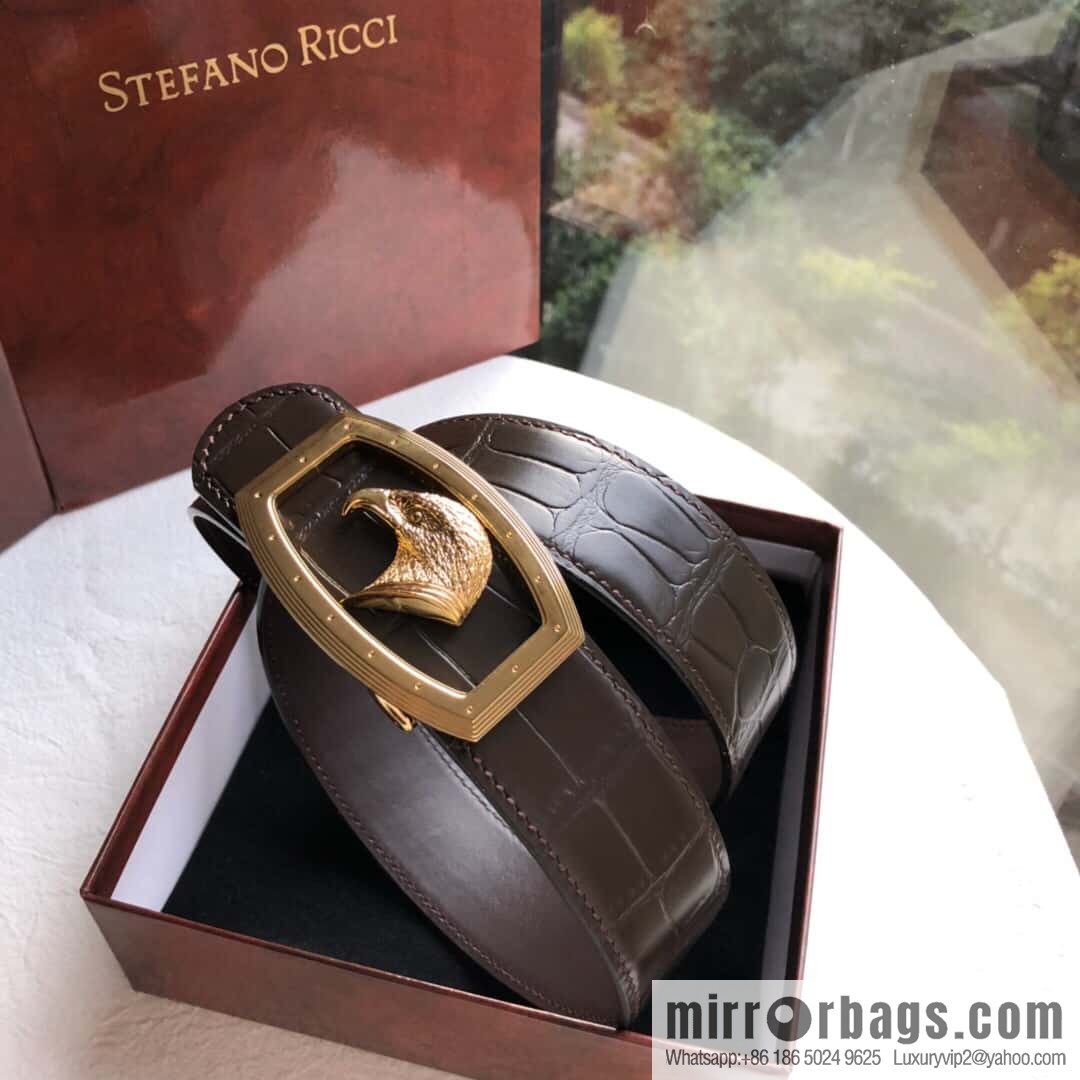 Stefano Ricci Stephen, Stainless Steel Eagle Head Buckle 3.8cm Top Cowhide Fine Imitation Crocodile Leather Belt