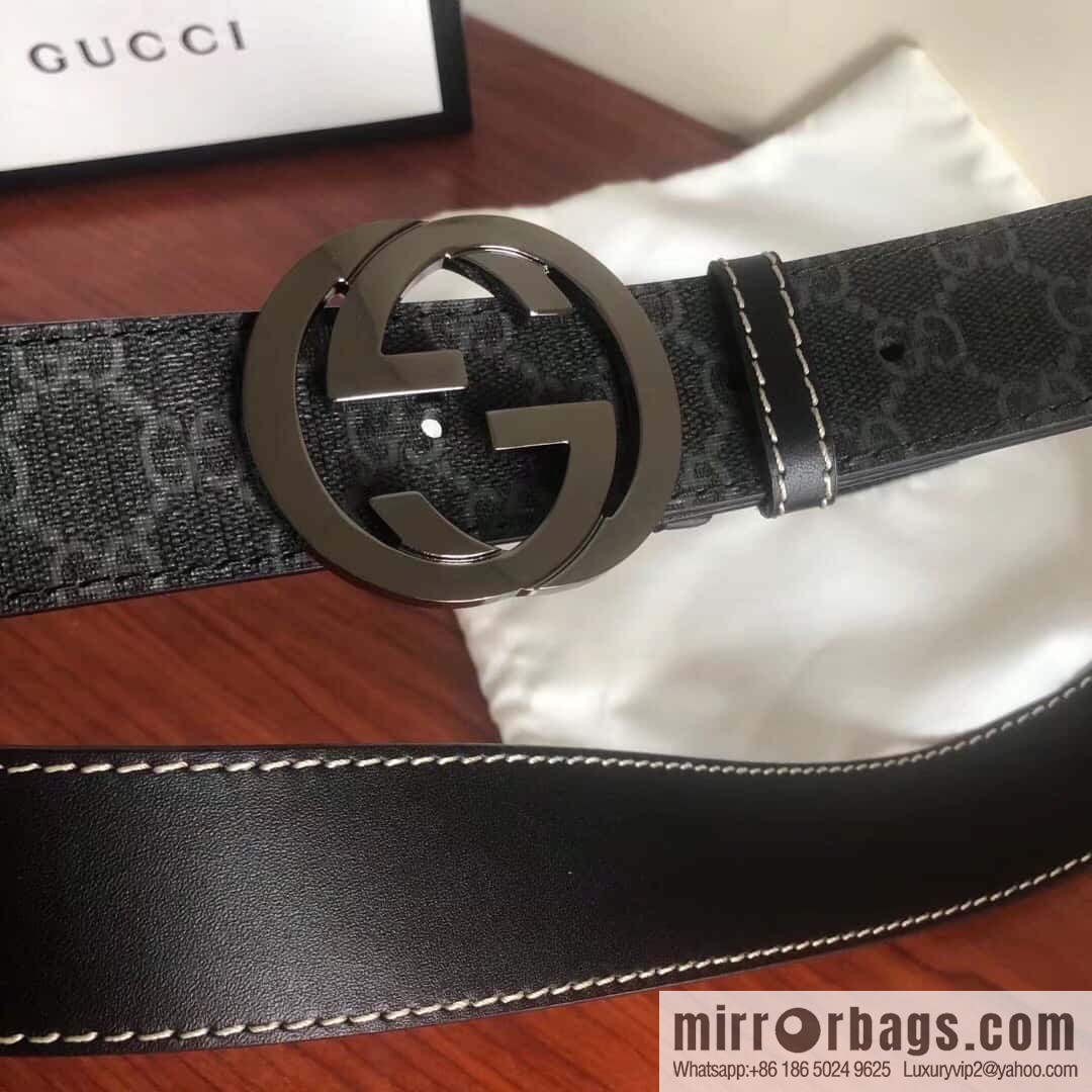 GUCCI Men's Ebony PVC with Leather Metal Plate Buckle Belt 3.8cm